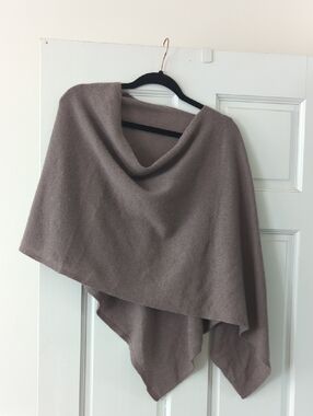 100% Cashmere Taupe Knit Poncho with Draped Neckline